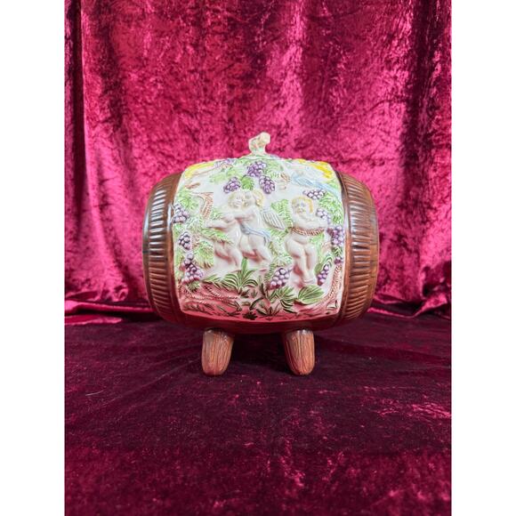 Vintage Pottery Mid Century Wine Barrel Keg Decanter Putti, Bacchus, Goat Relief - Picture 6 of 12
